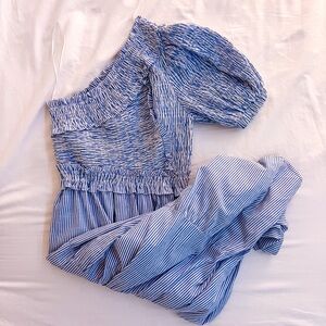 Avara Blue and White Striped One-Shoulder Dress